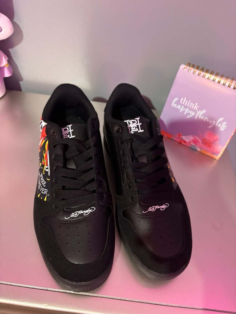 New Ed Hardy Skull Flame Pirate Tattoo Graphic Sneakers in Black